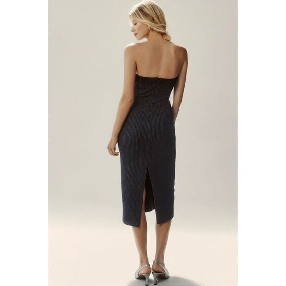 NEW By Anthropologie Navy Menswear Stripe V-Neck Strapless Dress Size 6 10 12 14 - Picture 2 of 4